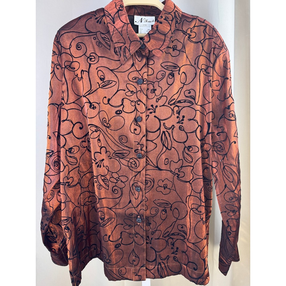 Y2K N Touch Burnout Button Front Blouse Abstract Floral Copper Brown Size L